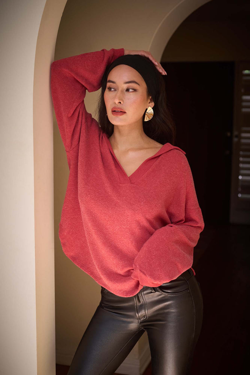 Chiara Cozy Collared Pullover - Heather Red Currant – PROJECT SOCIAL T
