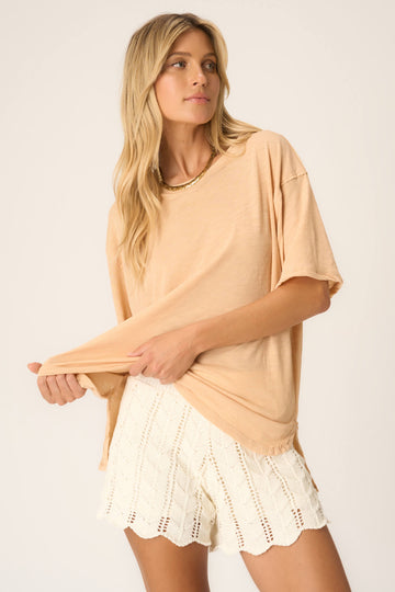 Lola Sheer Side Slit Relaxed Tee in Panna Cotta