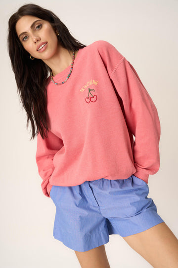 Mon Cherie Embroidered Sweatshirt in Sunset Coral