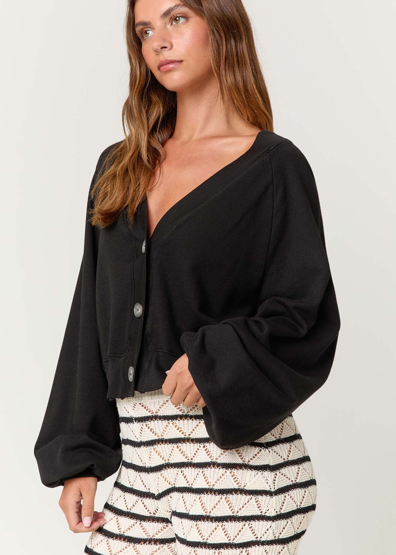 Callie Ruched Sleeve Textured Sweatshirt - Vintage Black