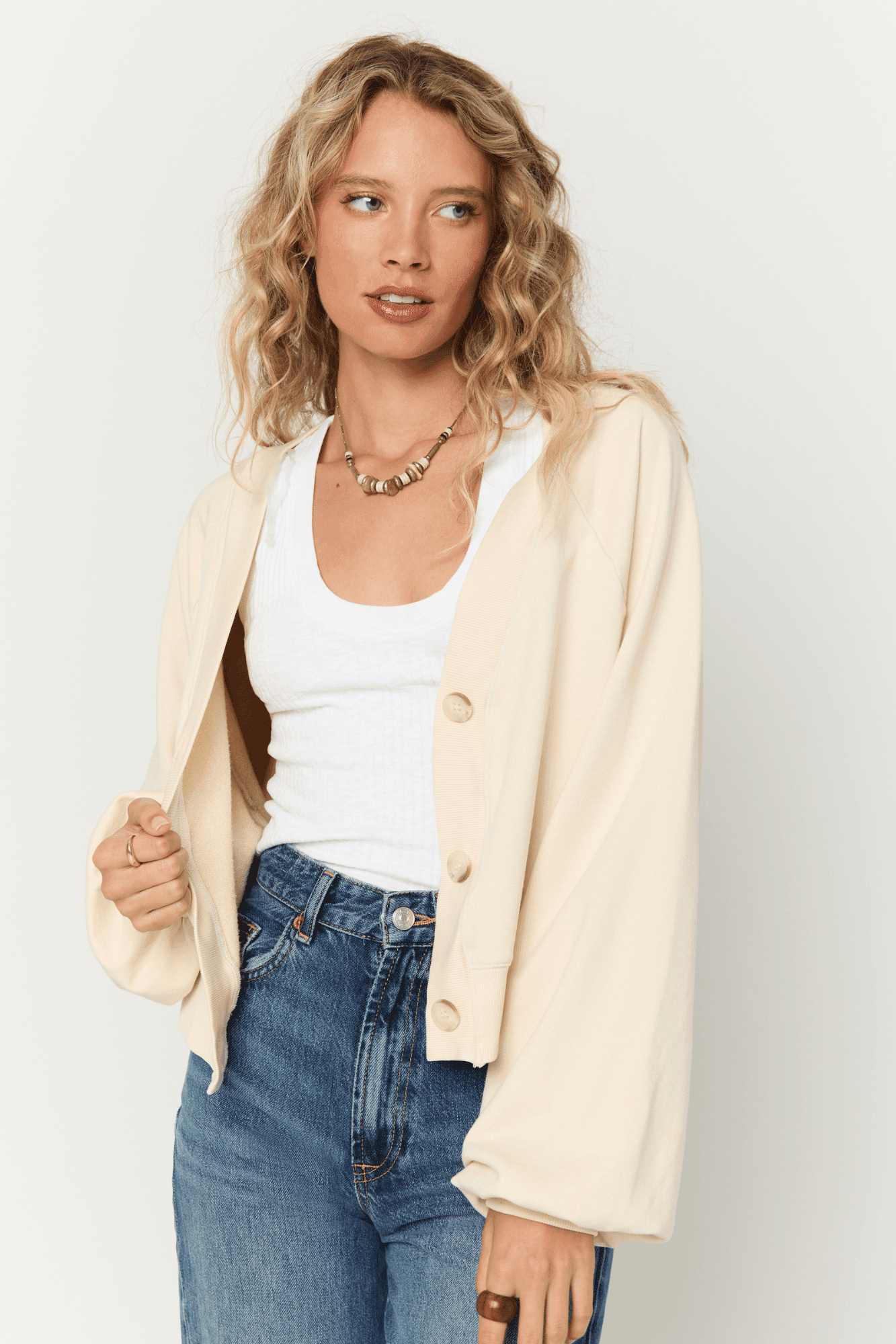 Women's Heart Print Drop Shoulder Crop Cardigan - Button Front Knitted Sweater, Long Sleeve - View #9