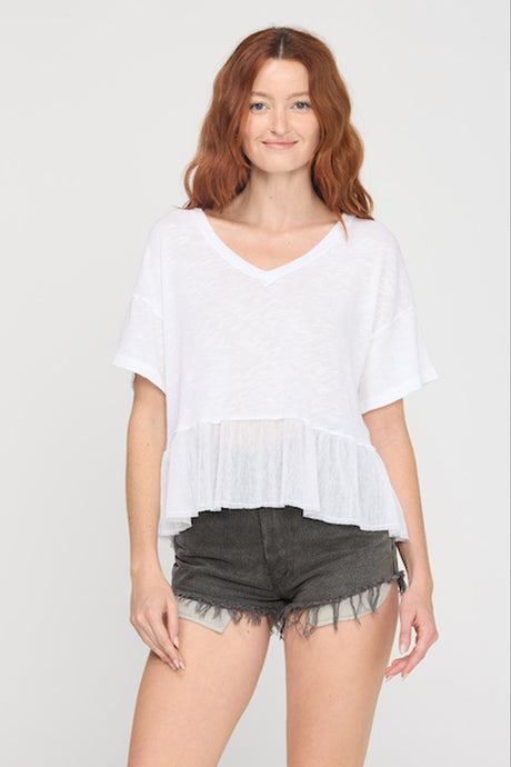 Caracas Mesh Mixed Textured V-Neck Tee Tops Short Sleeve Shirt Project Social T 