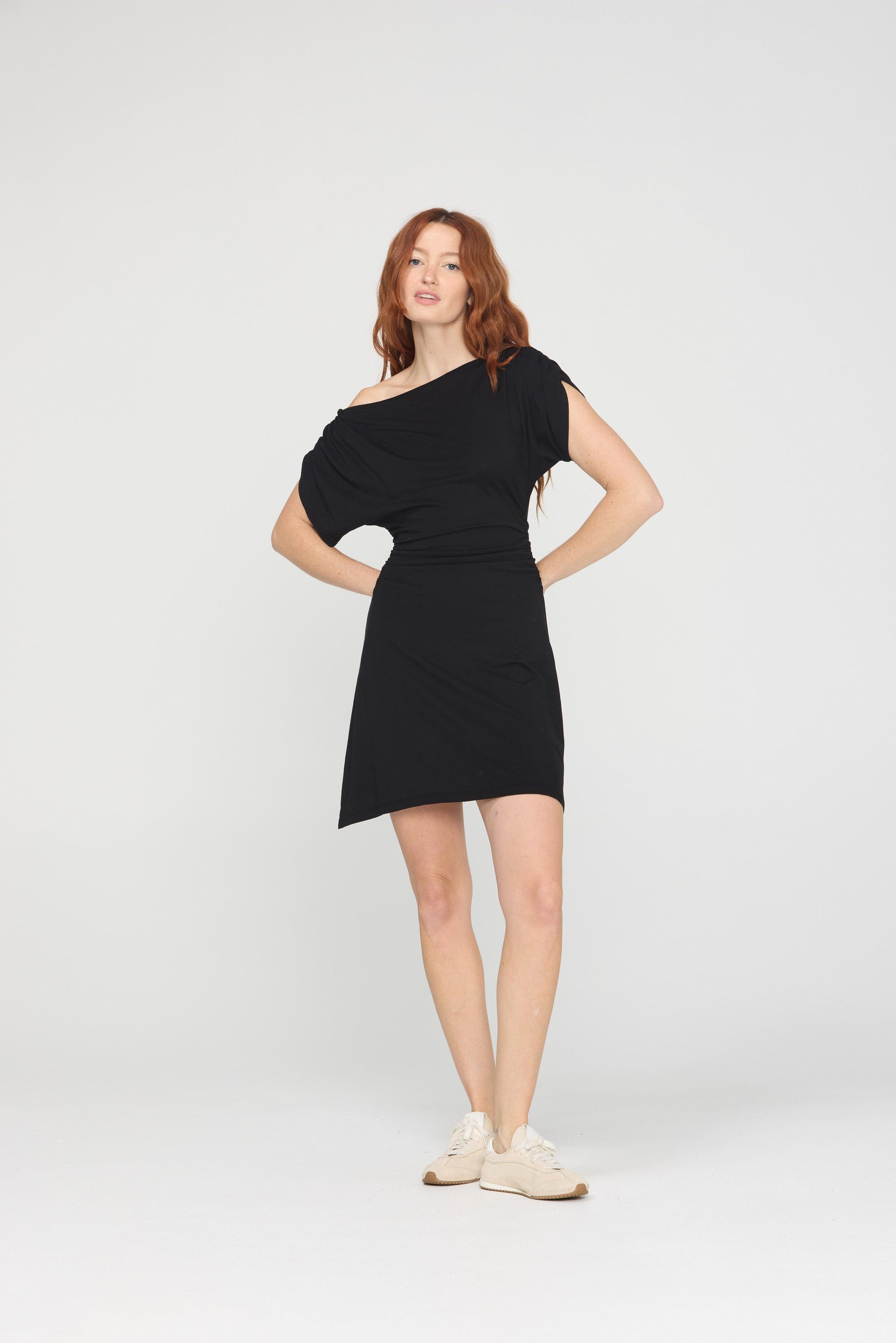 asymmetrical black mini dress TALLI ASYMMETRICAL NECK JERSEY MINI DRESS - BLACK