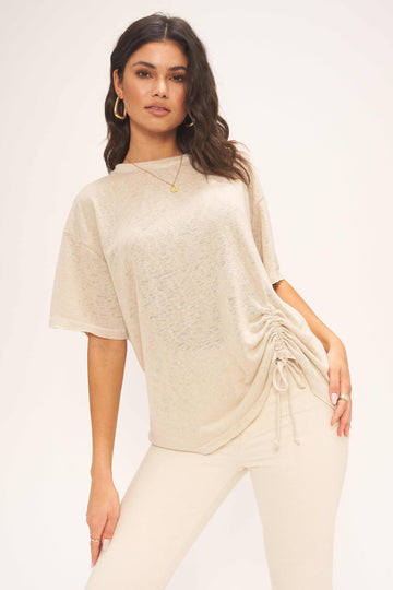 Domenique Ruched Tie Textured Tee in Raw Linen