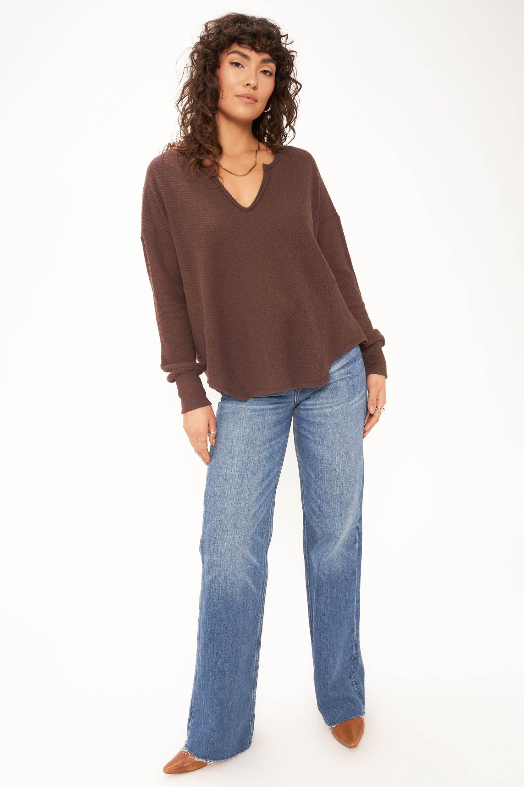 Borderline Cozy Thermal Notch Neck Long Sleeve - Rich Oak