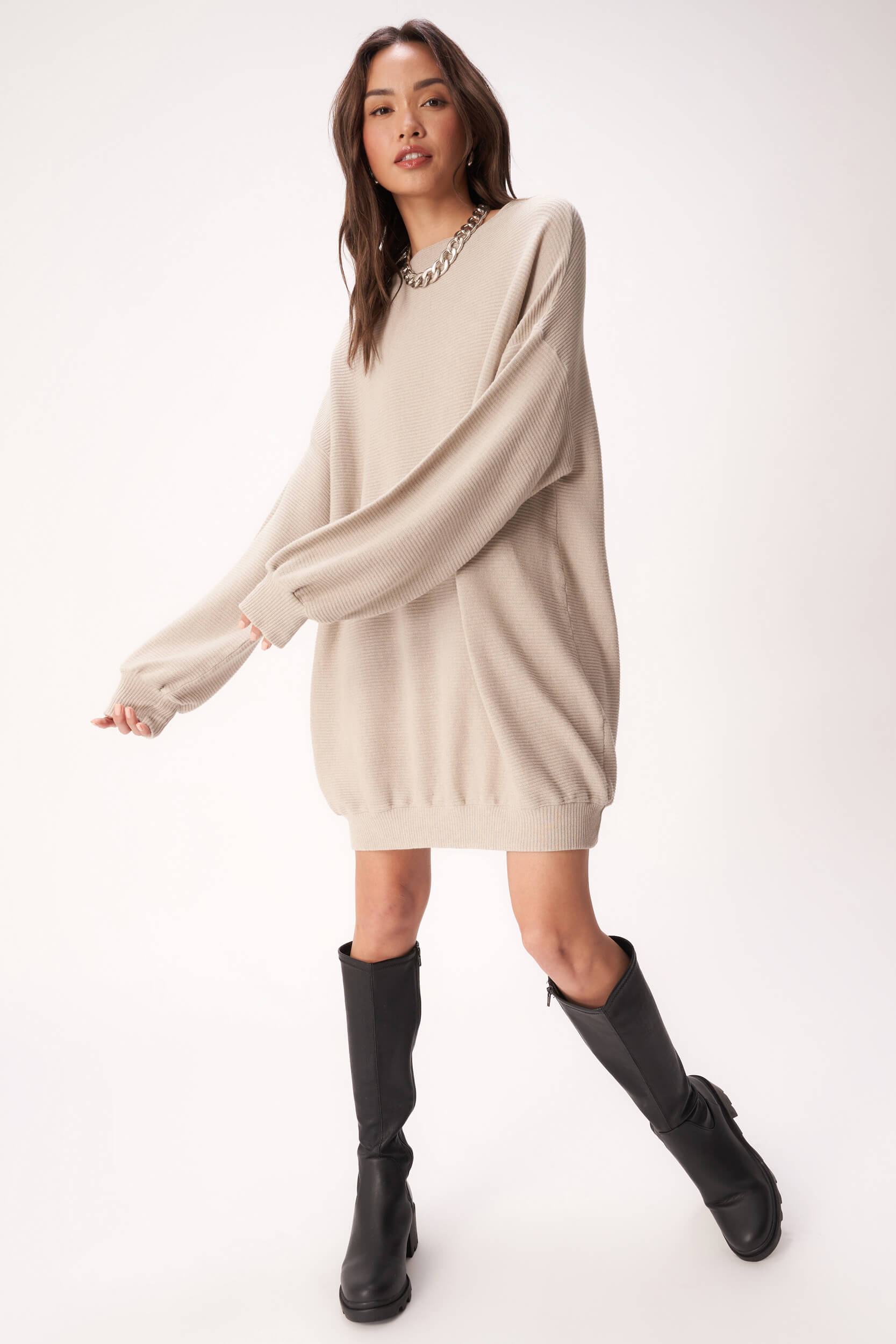 Dalle Rib Funnel Neck Oversized Sweater Dress - Raw Linen M by Project Social T