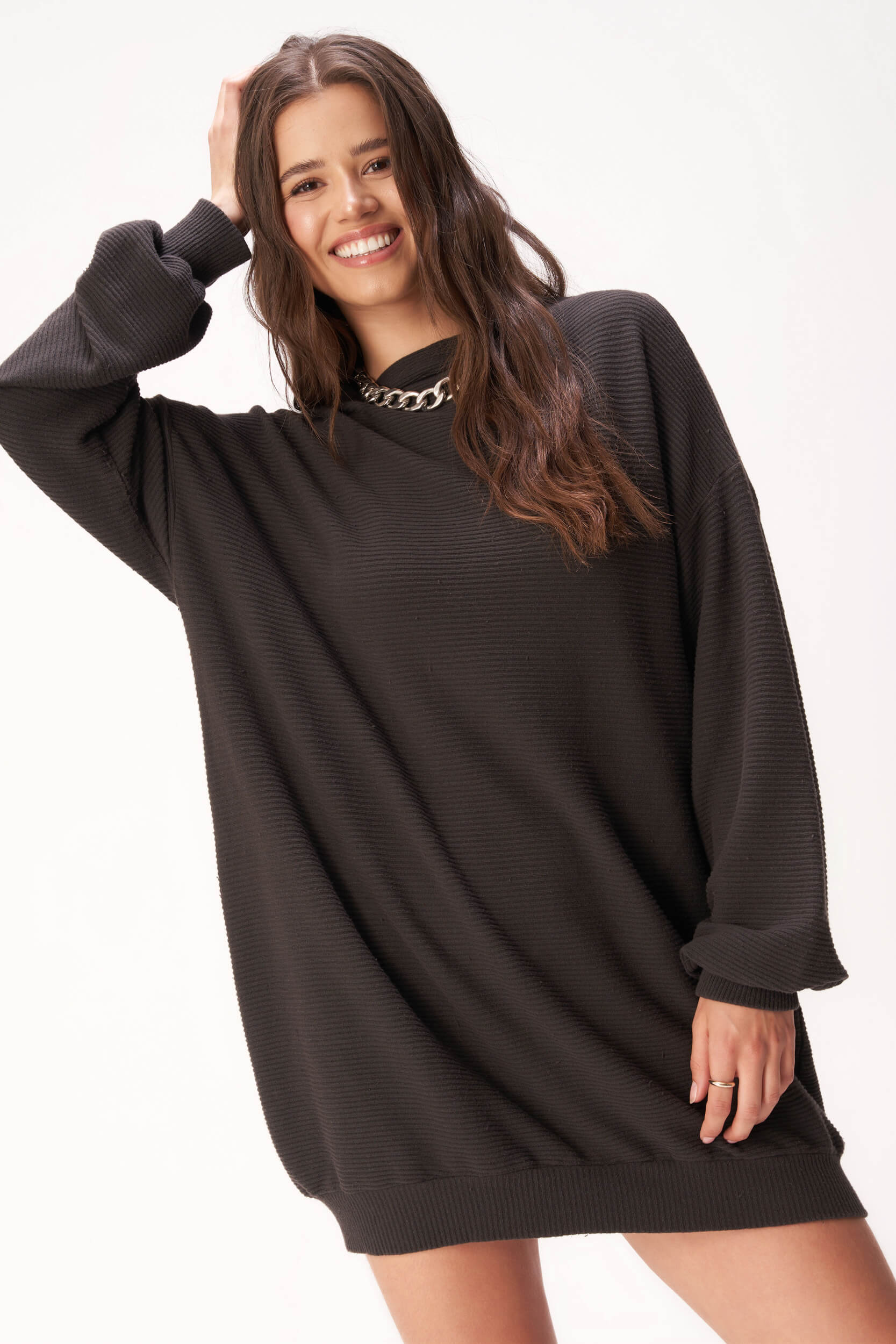 Dalle Rib Funnel Neck Oversized Sweater Dress - Raw Linen M by Project Social T