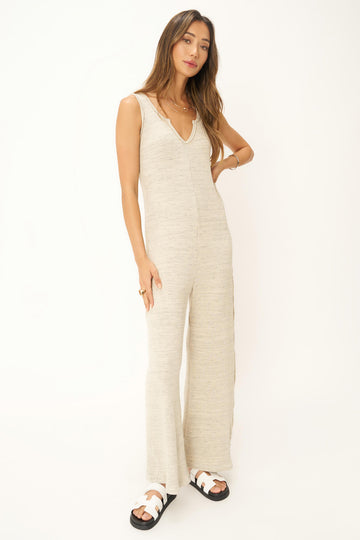 Destination Notch Neck Sweater Rib Jumpsuit in Oat Milk