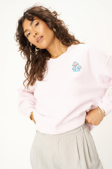 Embroidered Mushrooms Cut Crew Sweatshirt in Cosmo Pink