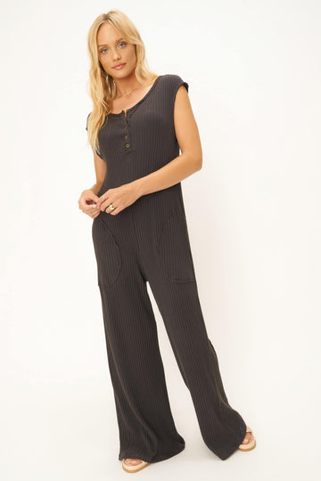 Frida Henley Sweater Rib Jumpsuit in Vintage Black