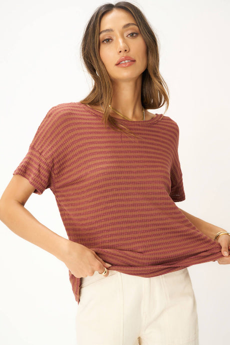 Isadora Back Lace Up Stripe Easy Fit Tee in Root Beer