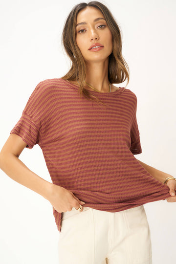 Isadora Back Lace Up Stripe Easy Fit Tee in Root Beer
