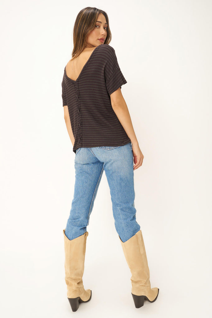Isadora Back Lace Up Stripe Easy Fit Tee in Vintage Black