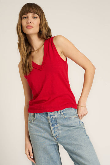 Let Me Know Relaxed Slub V Neck Tank in Red Dahlia