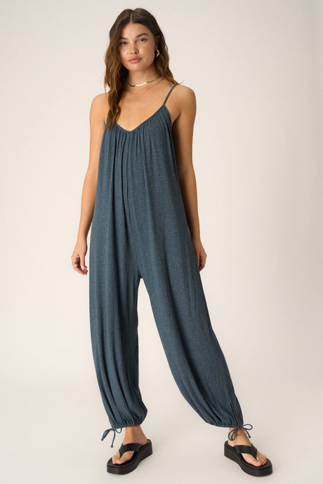 Let's Bounce Shirred Strappy Jumpsuit in Oceanic Teal