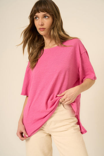 Lola Sheer Side Slit Relaxed Tee in Love Potion Pink