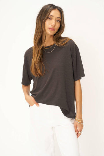 Lola Sheer Side Slit Relaxed Tee in Washed Black