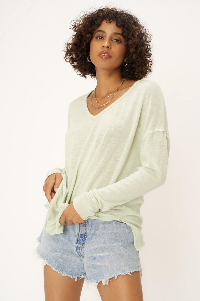 Mae Textured Relaxed V-Neck Long Sleeve in Mint Matcha