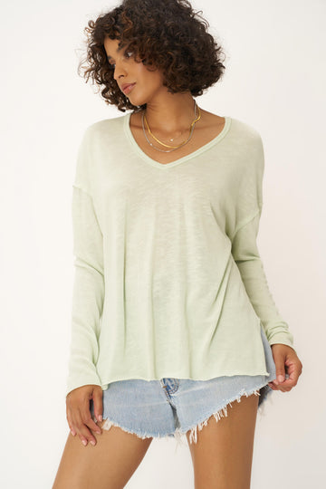 Mae Textured Relaxed V-Neck Long Sleeve in Mint Matcha