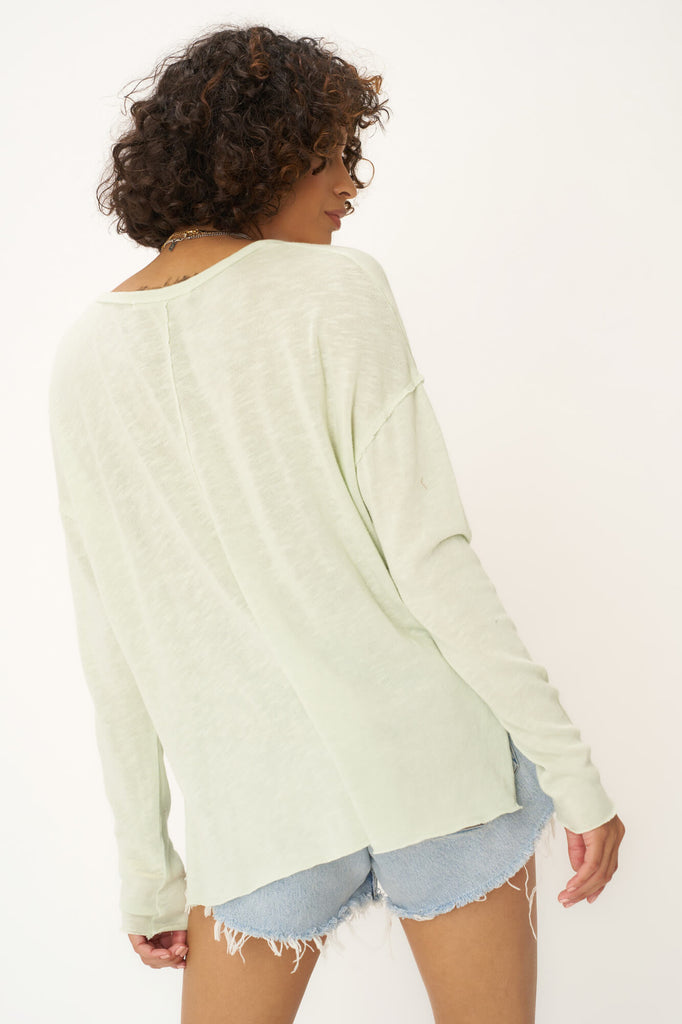 Mae Textured Relaxed V-Neck Long Sleeve in Mint Matcha