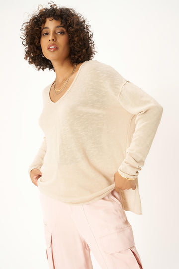 Mae Textured Relaxed V-Neck Long Sleeve in Oyster Beige