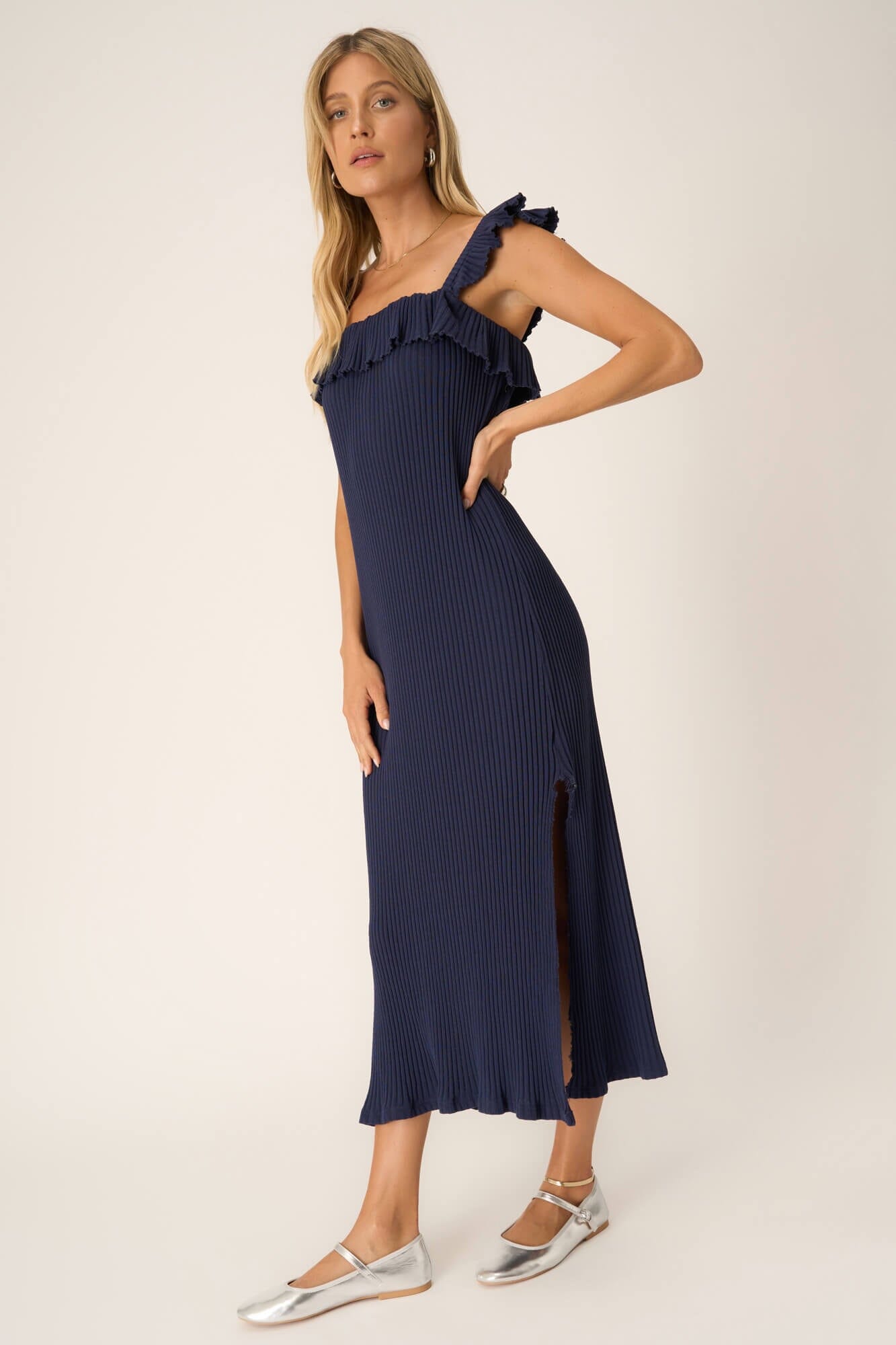 Mona Ruffle Sleeve Sweater Rib Dress Navy Bliss / L by Project Social T Mona Ruffle Sleeve Sweater Rib Dress Navy Bliss / L by Project Social T