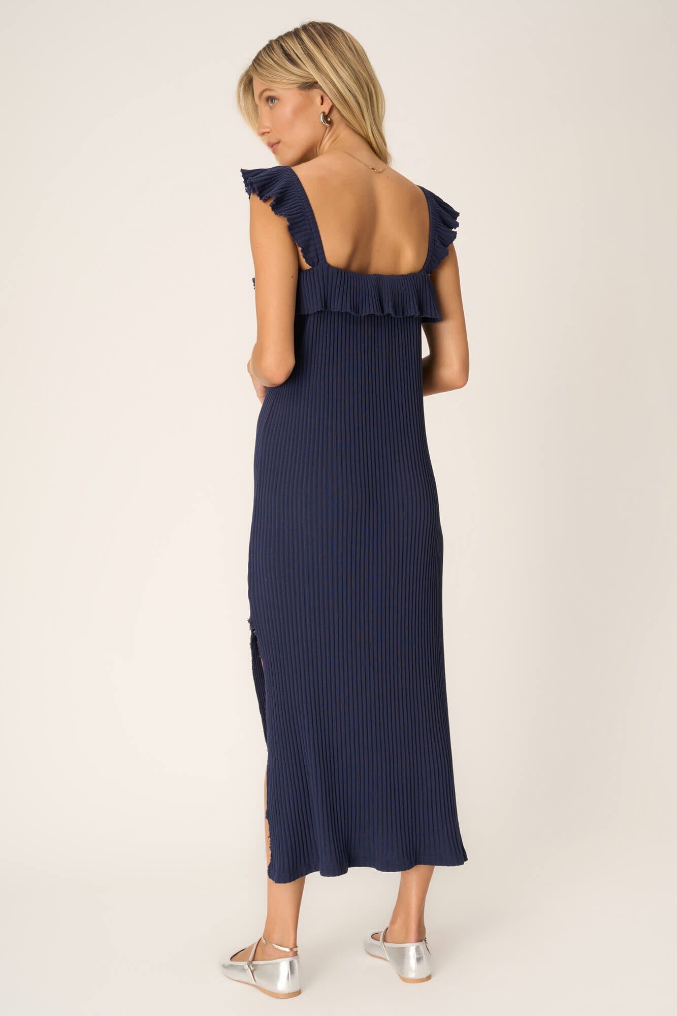 Mona Ruffle Sleeve Sweater Rib Dress Navy Bliss / L by Project Social T Mona Ruffle Sleeve Sweater Rib Dress Navy Bliss / L by Project Social T