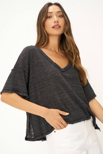 Oh Girl Raw V Neck Textured Tee in Black