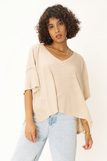 Oh Girl Raw V Neck Textured Tee in Oyster Beige