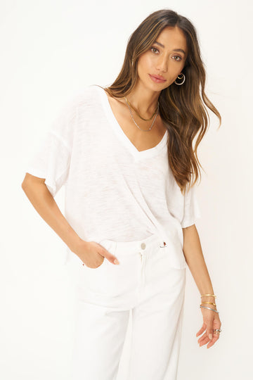 Oh Girl Raw V Neck Textured Tee in White