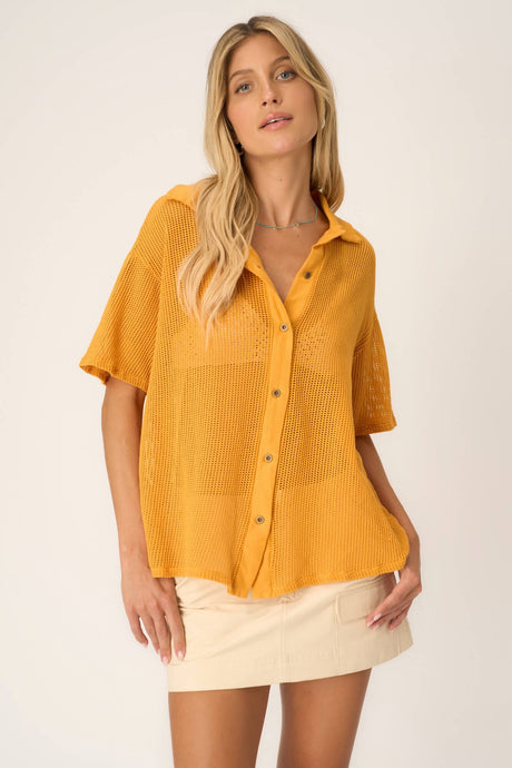 Sonja Button Front Collared Heavy Mesh Tee in Amber Glow