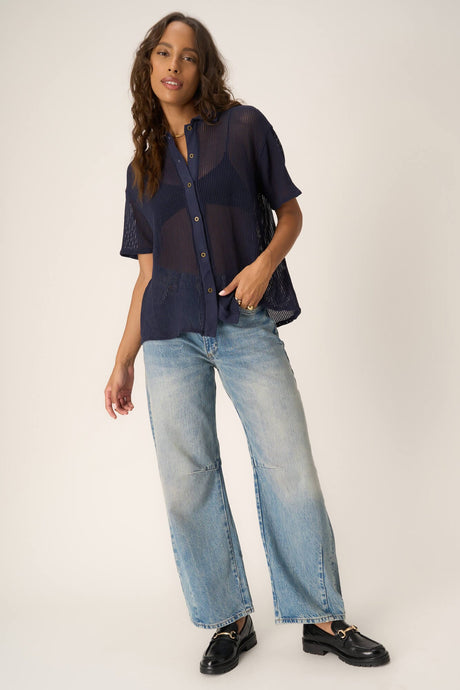 Sonja Button Front Collared Heavy Mesh Tee in Navy Bliss