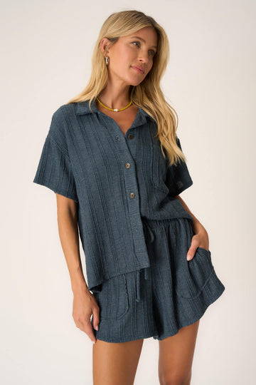 Summer Dreamin' Button Front Sweater Rib Tee in Oceanic Teal